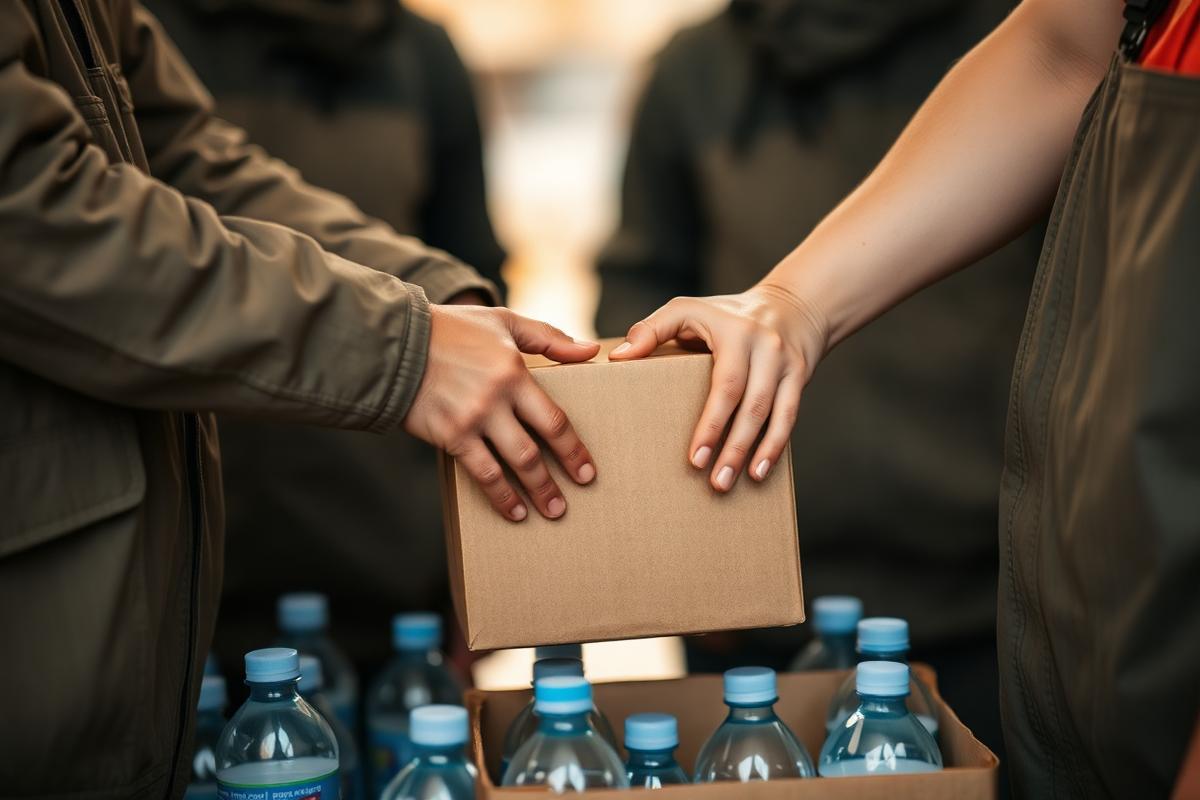 Manos pasando una caja de ayuda solidaria